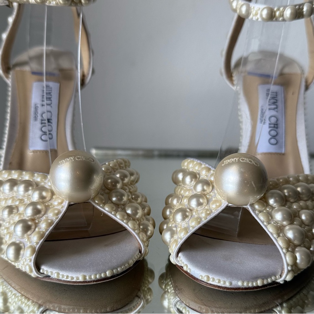 Like New Jimmy Choo Sacora 100 White Satin Sandals with All Over Pearls 38 - Picture 16 of 16